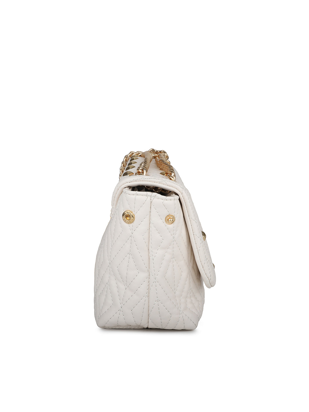 Women Off White Quilted Embellished Shoulder Bag