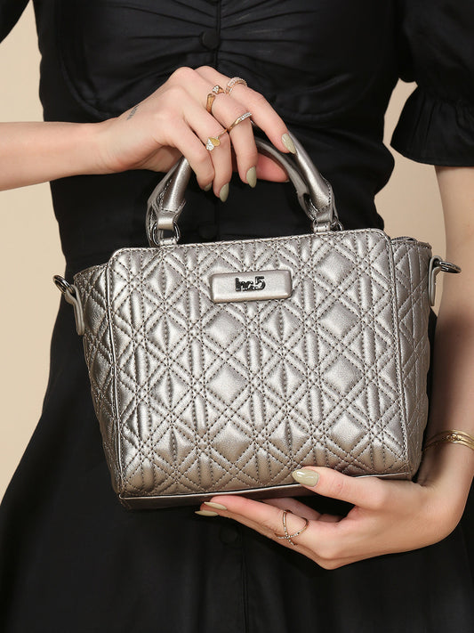 Women Pewter Textured Shoulder Bag With Quilted Detailing