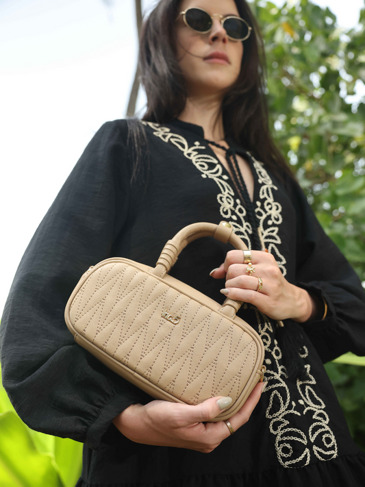 Women Beige Solid Quilted Structured Mini Sling Bag