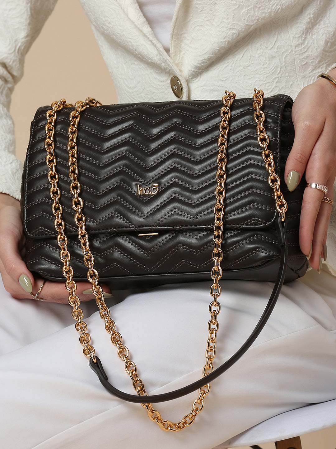 Buy Now Textu Black Structured Chain Sling Bag With Quilted Detailing ...