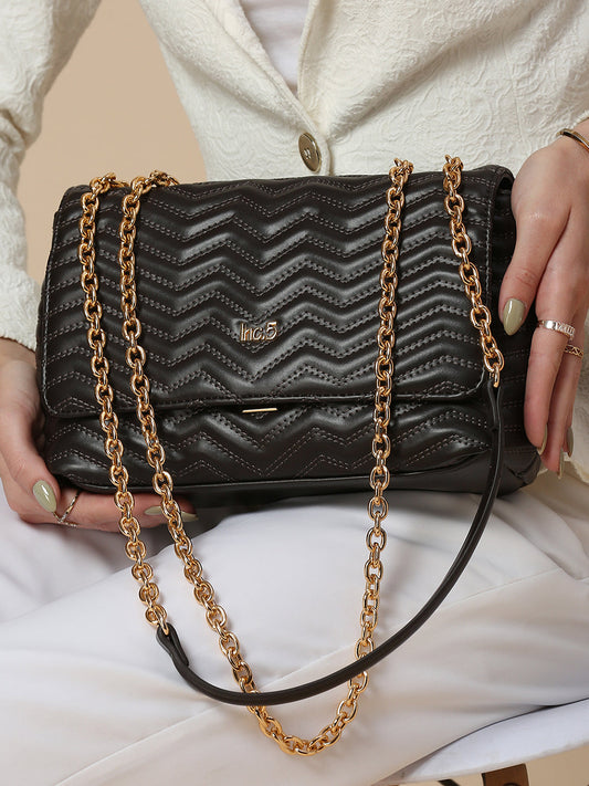Textu Black Structured Chain Sling Bag With Quilted Detailing