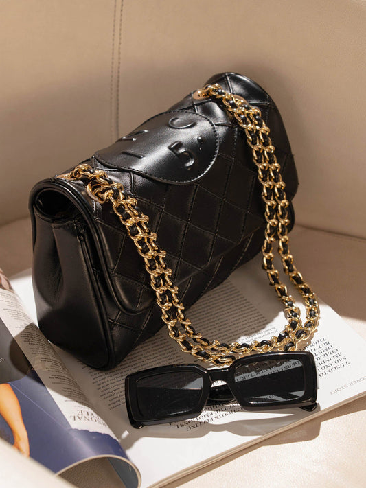 Women Black Structured Chain Sling Bag with Quilted Texture