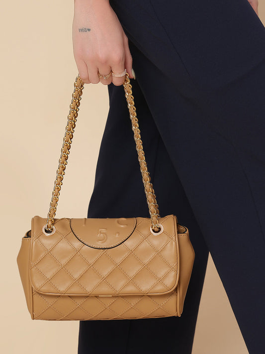 Women Dark Beige Structured Chain Sling Bag with Quilted Texture