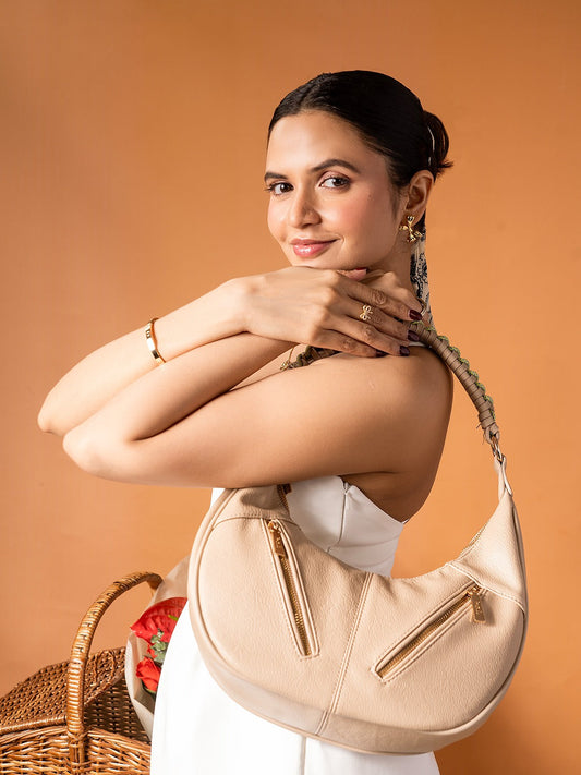 Womens Beige Party Textured Shoulder Bag With Zipper