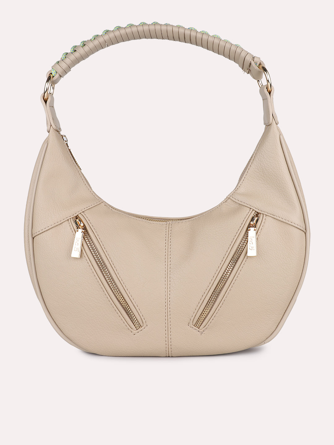 Womens Beige Party Textured Shoulder Bag With Zipper
