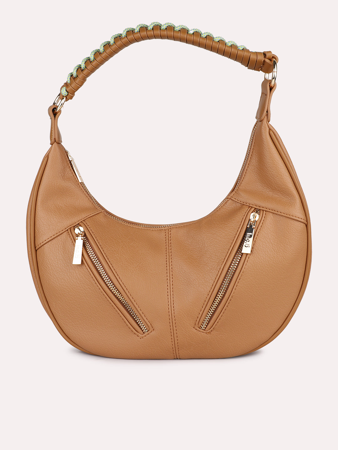 Womens Tan Party Textured Shoulder Bag With Zip Lock