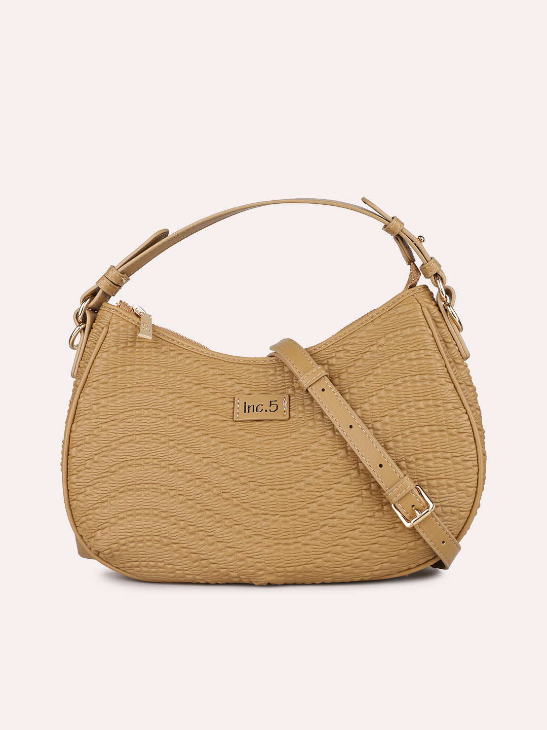 Womens Beige Party Textured Pattern Handbag With Zipper