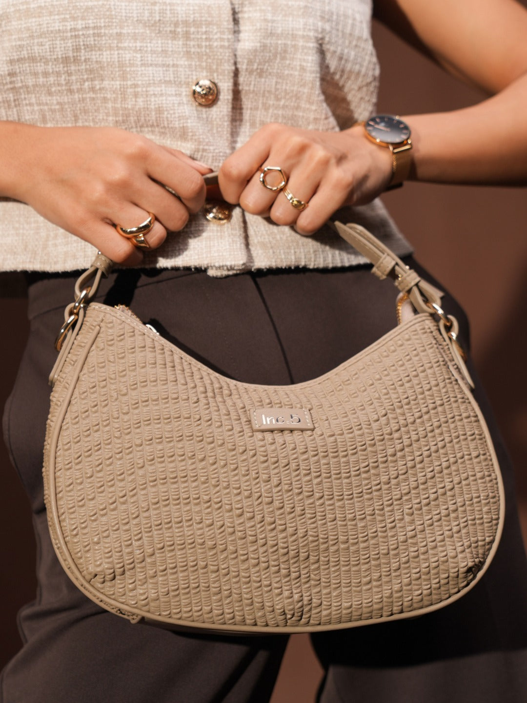 Womens Grey Party Textured Handbag With Zip Lock