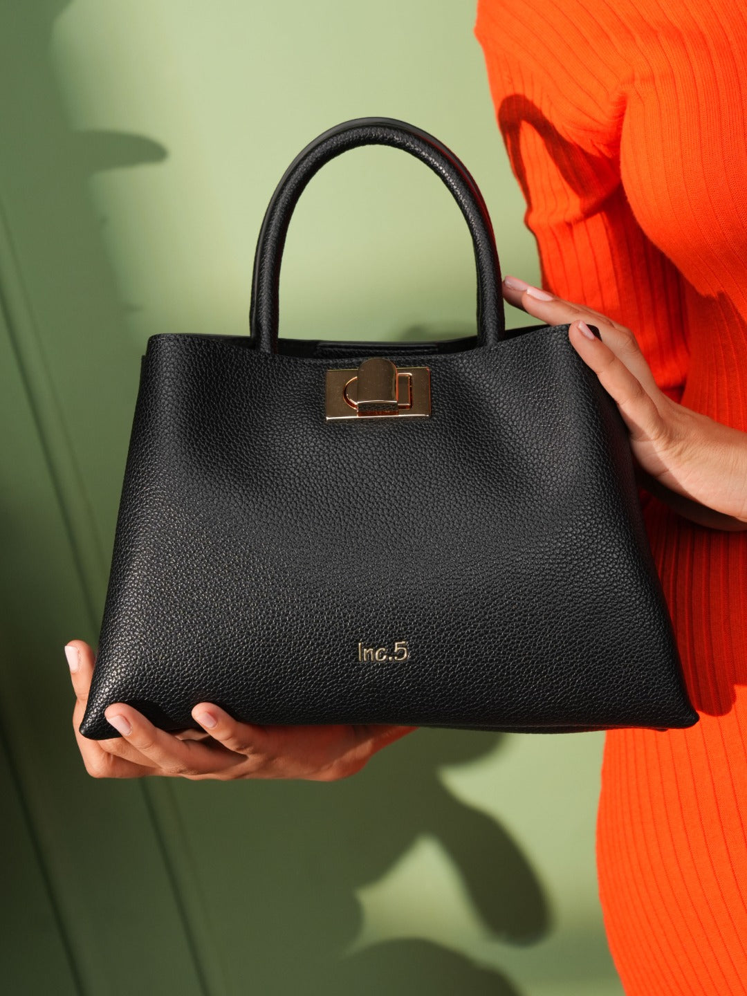 Womens Black Casual Textured Handbag With Twist Lock