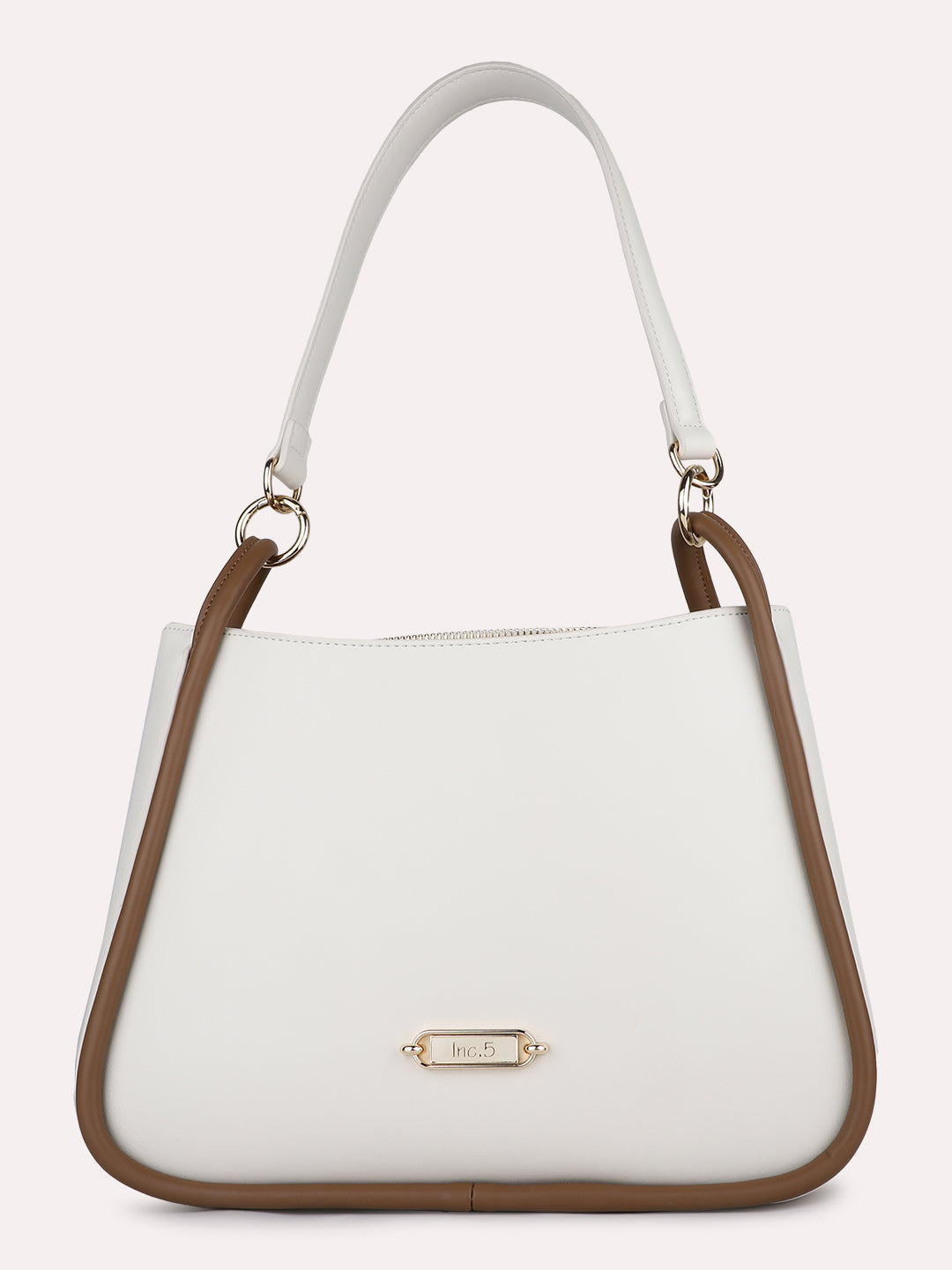 Womens Cream Casual Solid Shoulder Bag With Zip Lock
