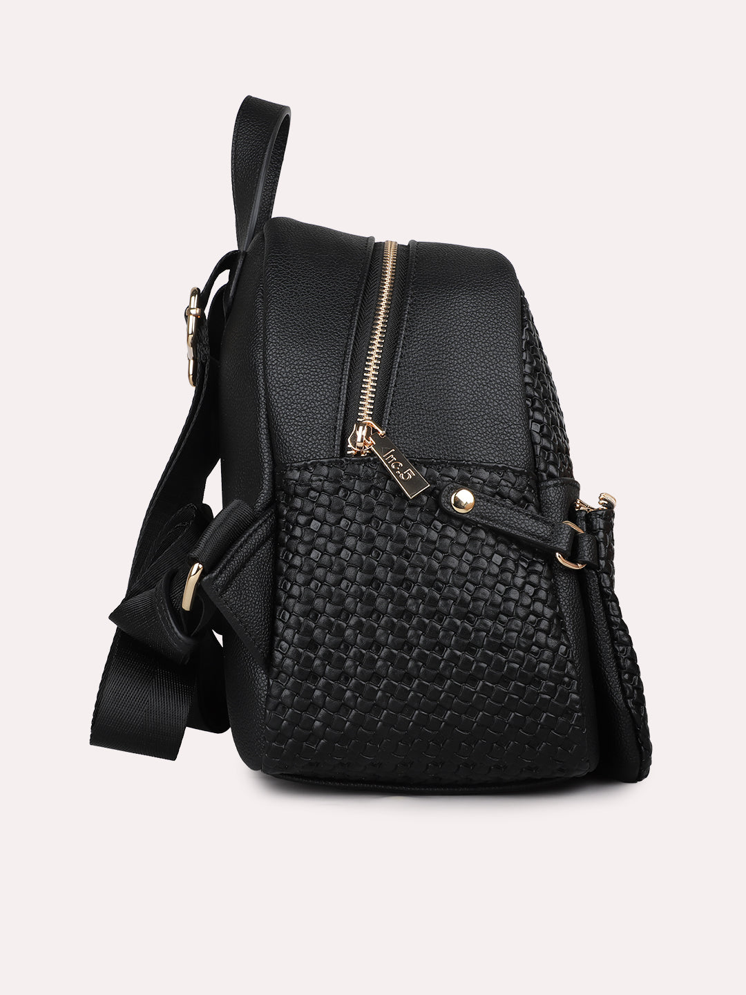 Womens Black Casual Textured Backpack With Zip Lock