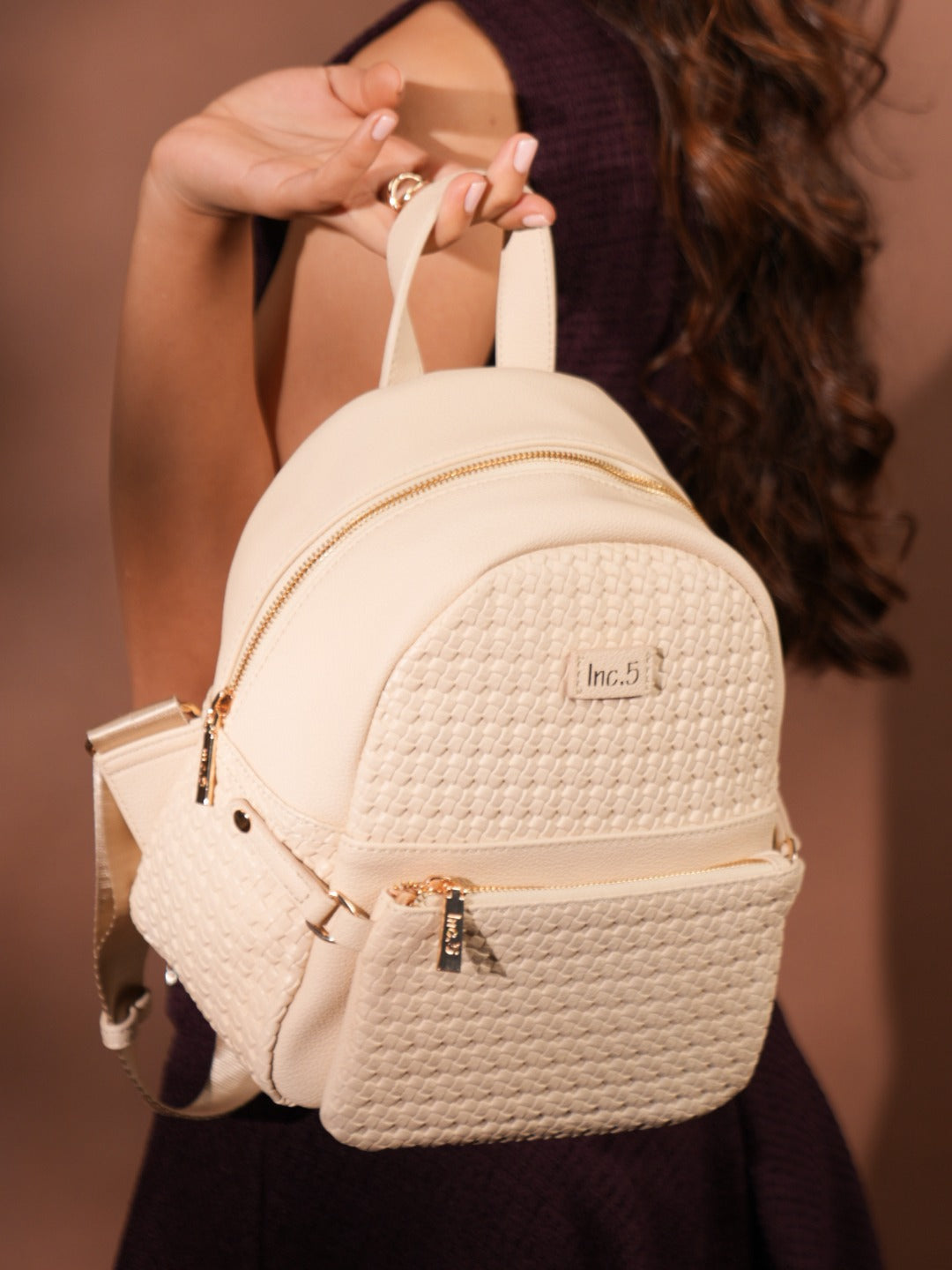 Womens Cream Casual Textured Backpack With Zip Lock