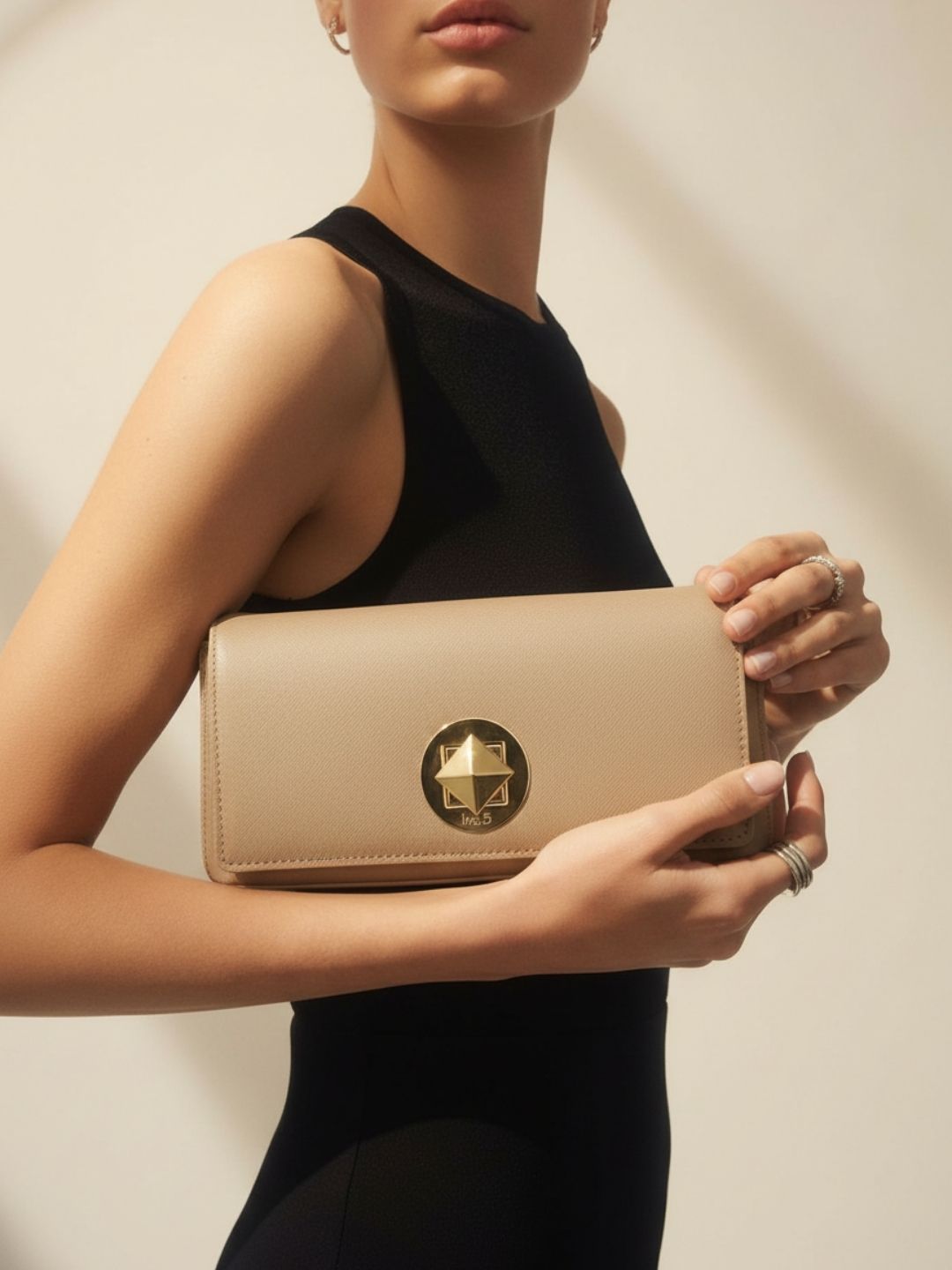 Women Beige Textured Clutch Bag With Twist Lock For Casual