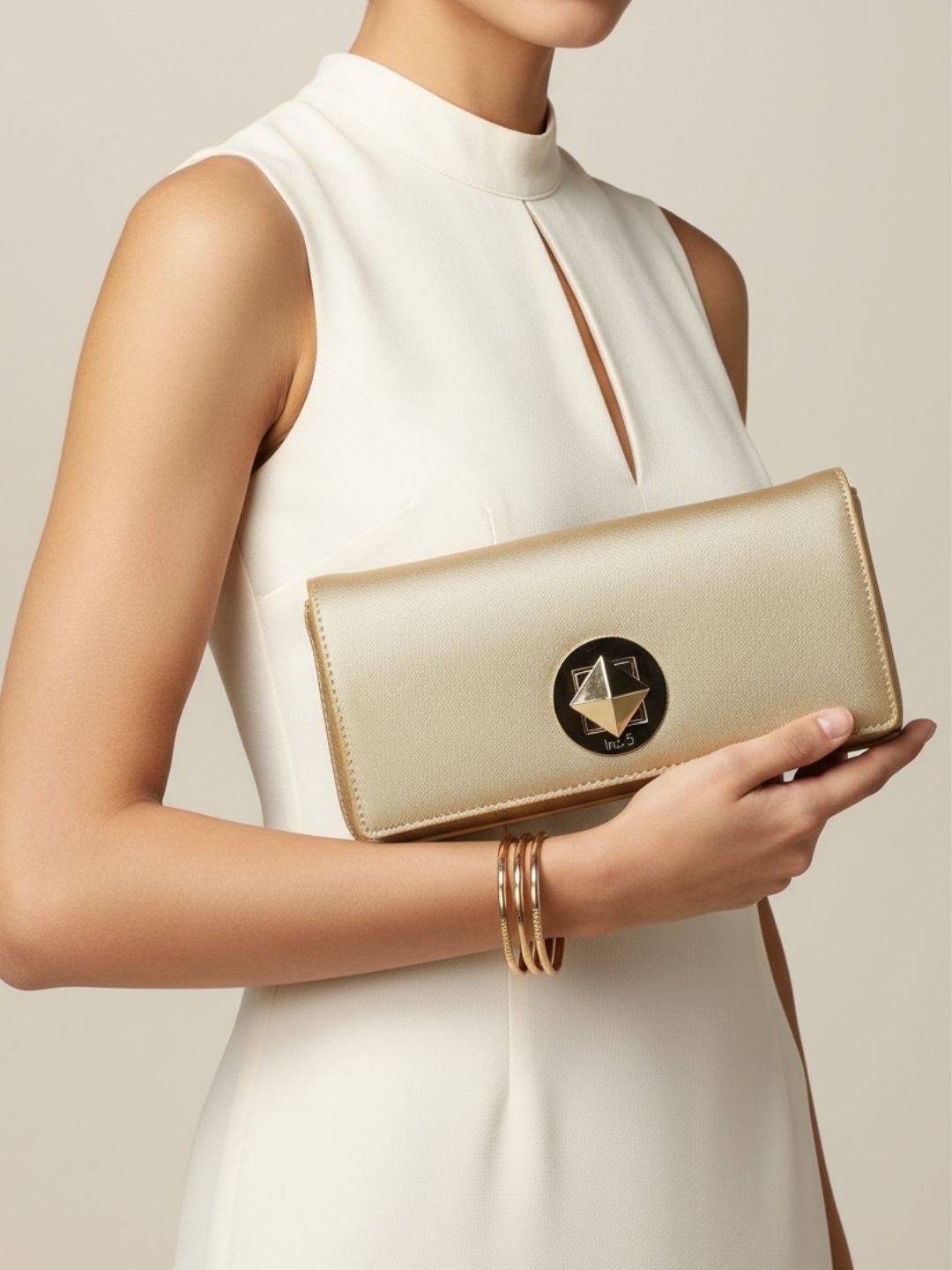 Women Gold Textured Clutch Bag With Twist Lock For Casual