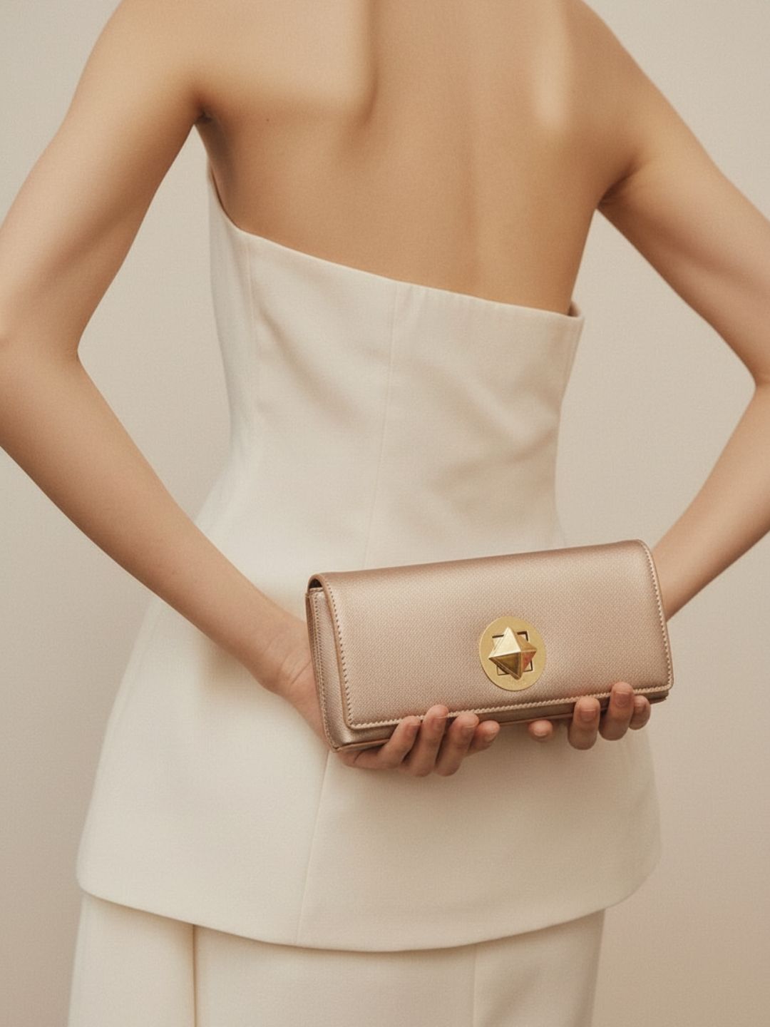 Women Rose Gold Textured Clutch Bag With Twist Lock For Casual