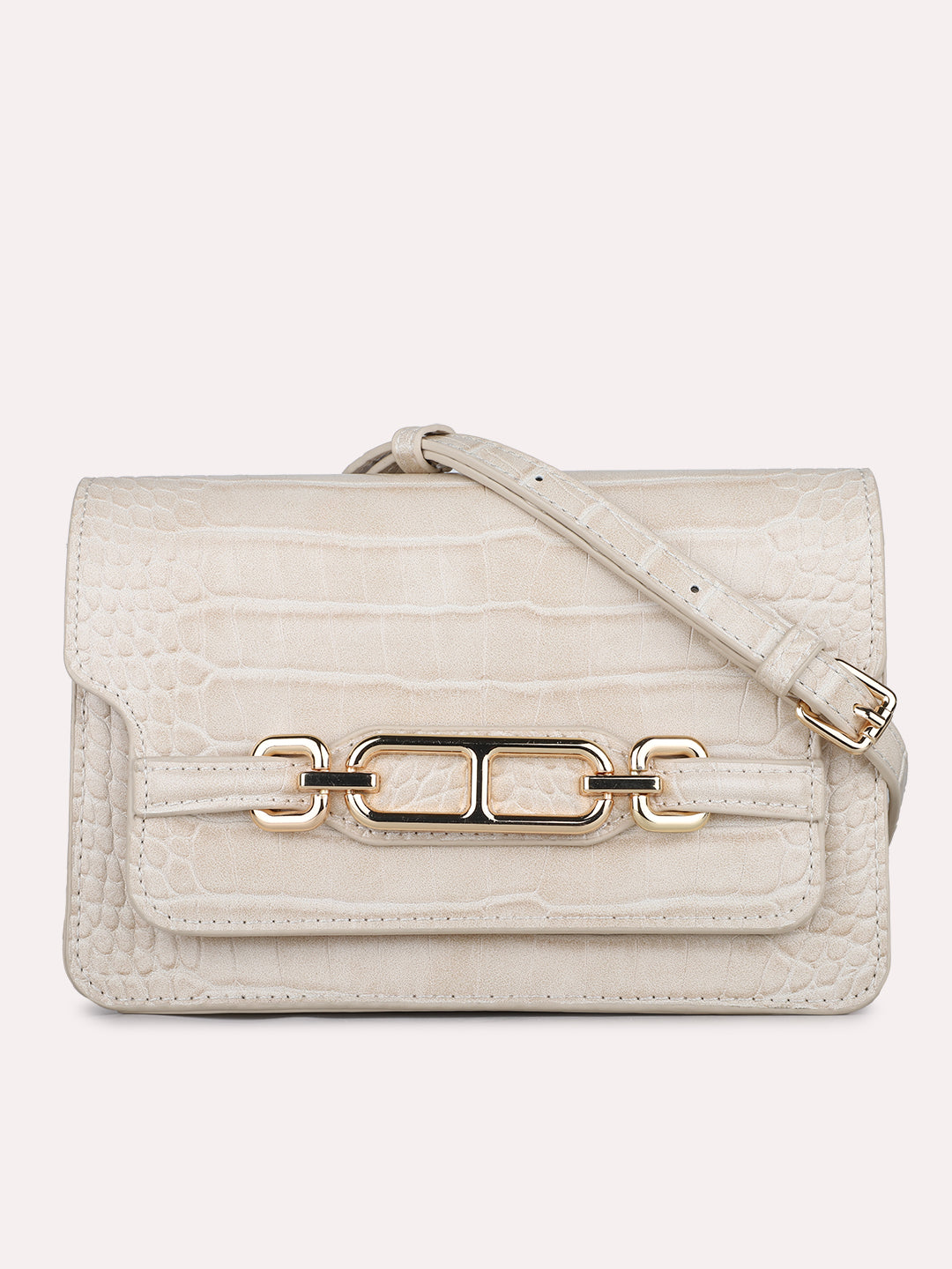 Womens Beige Party Textured Pattern Sling Bag With Magnet Lock