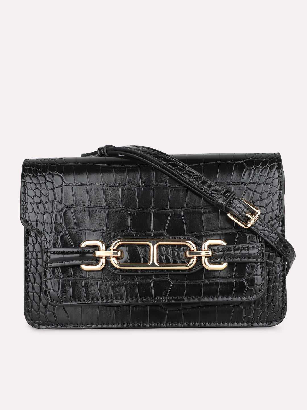 Womens Black Party Textured Pattern Sling Bag With Magnet Lock