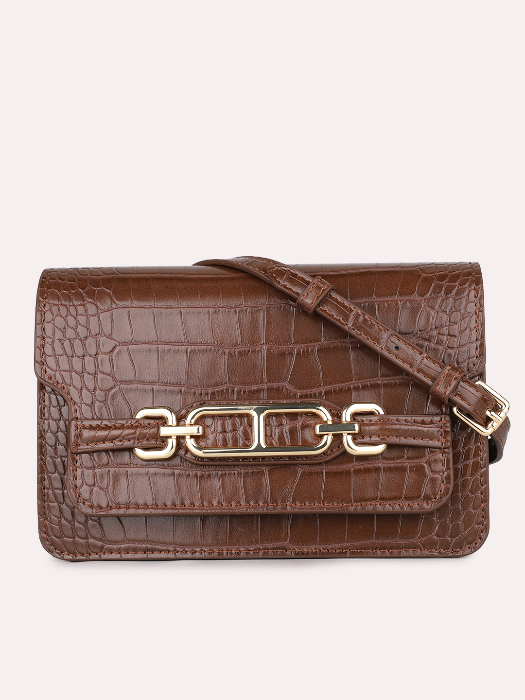 Womens Brown Party Textured Sling Bag With Magnet Lock