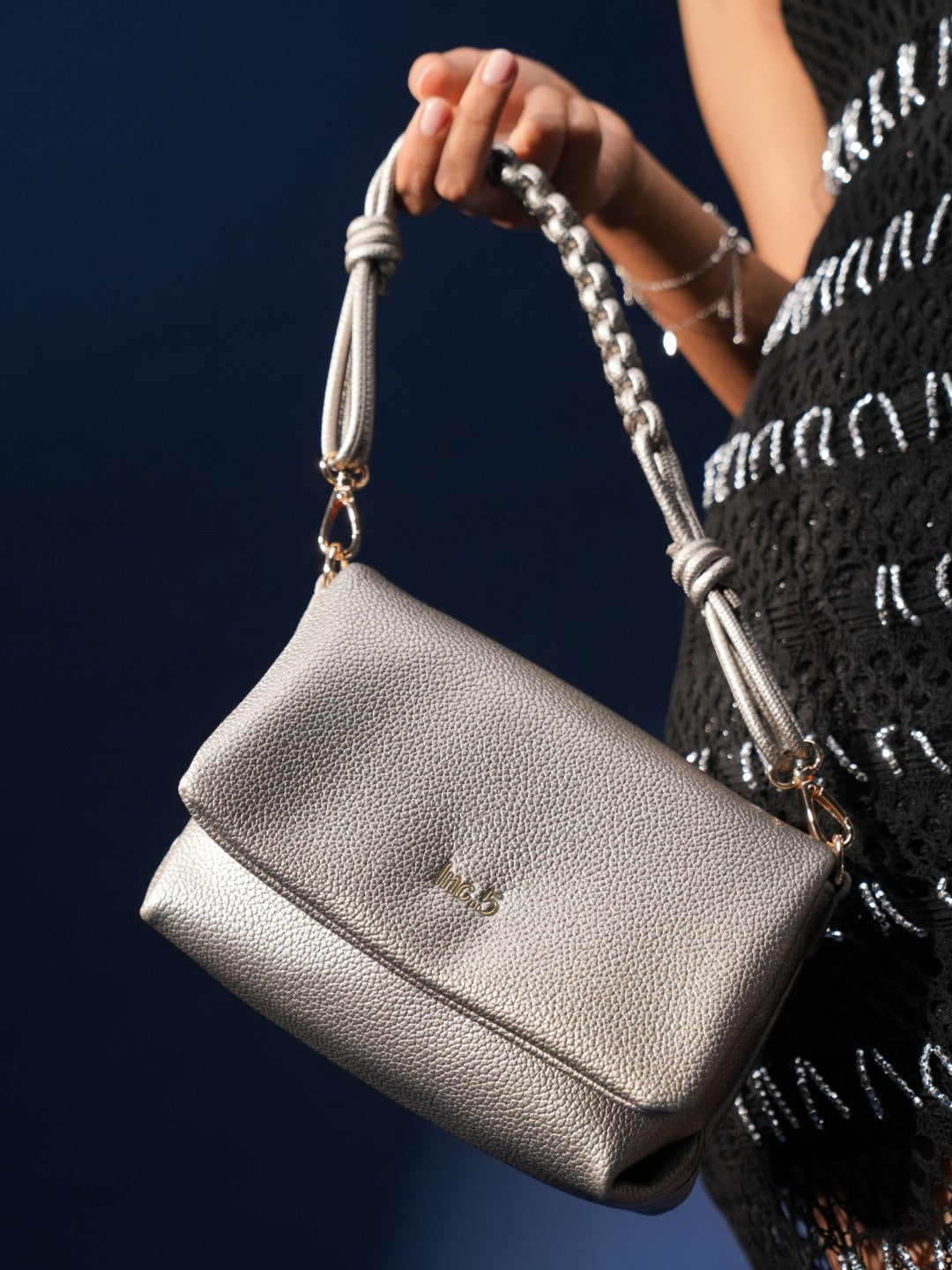 Womens Grey Party Textured Handbag With Magnet Lock