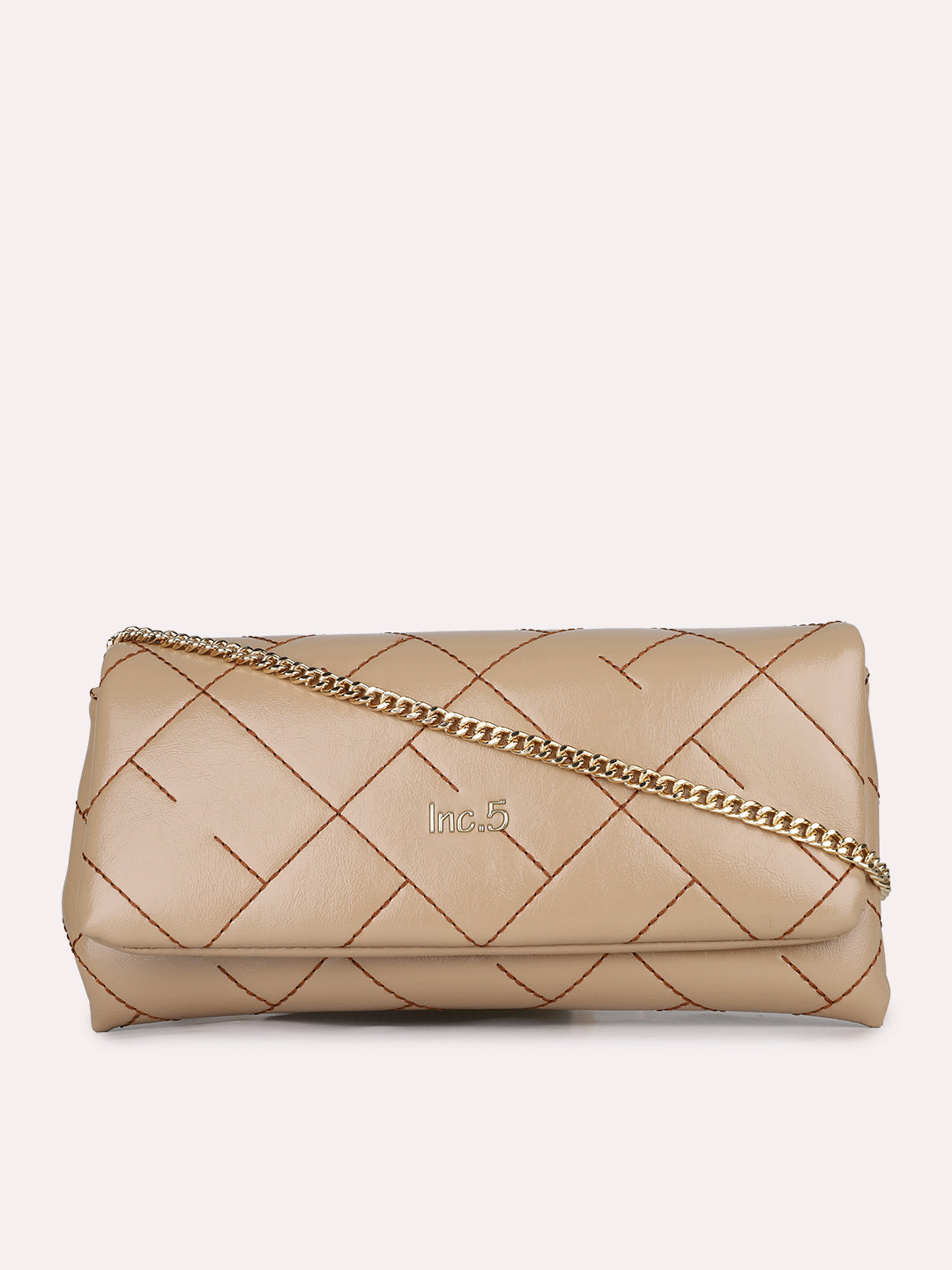 Womens Beige Party Textured Clutch With Magnet Lock