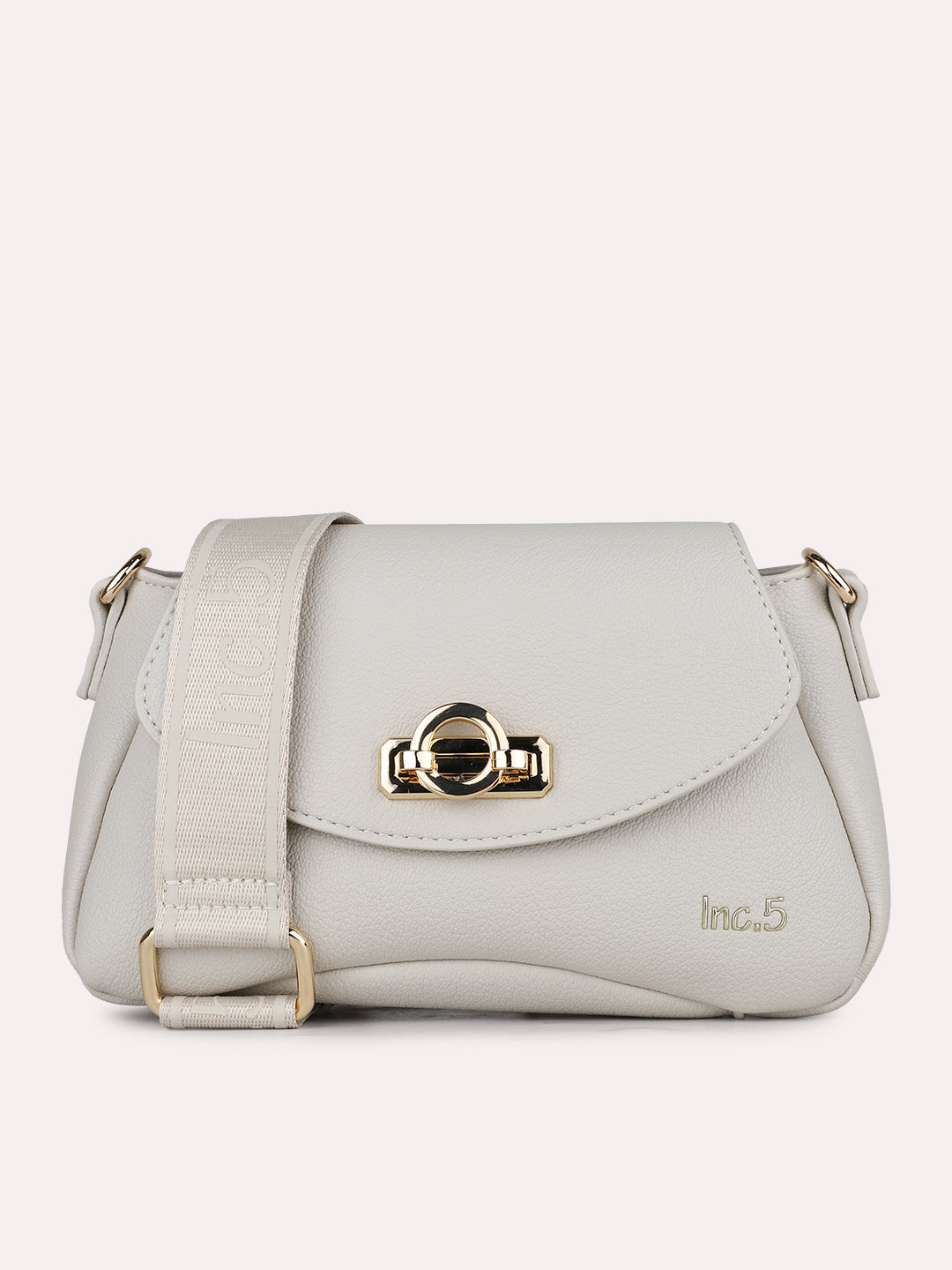 Womens Beige Casual Textured Sling Bag With Twist Lock