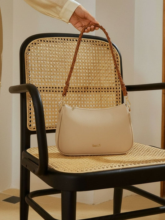Women Beige Textured Shoulder Bag With Zipper