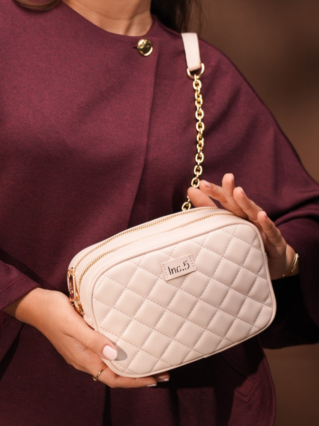 Womens Beige Party Textured Sling Bag With Zip