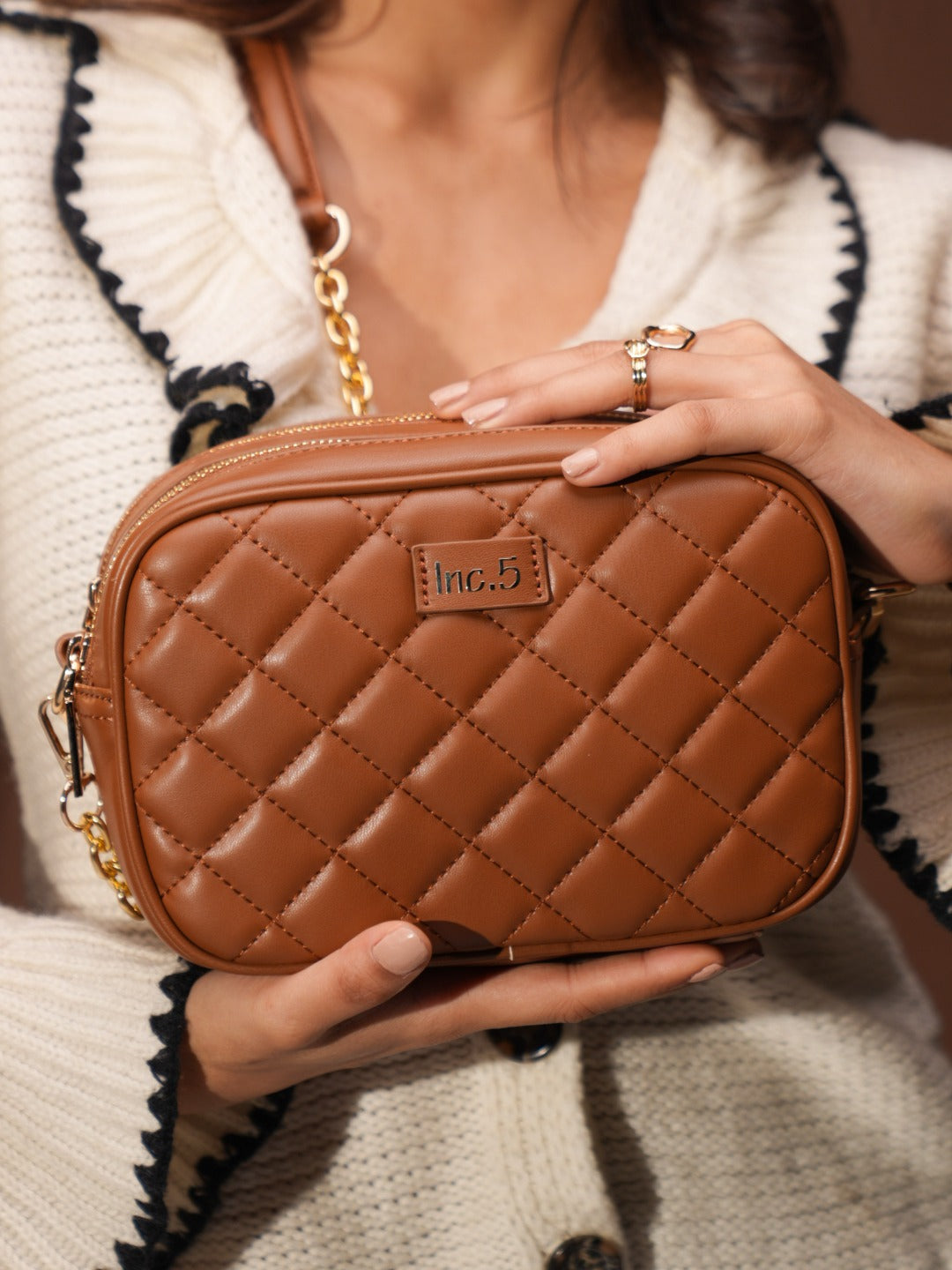 Womens Tan Party Textured Sling Bag With Zip