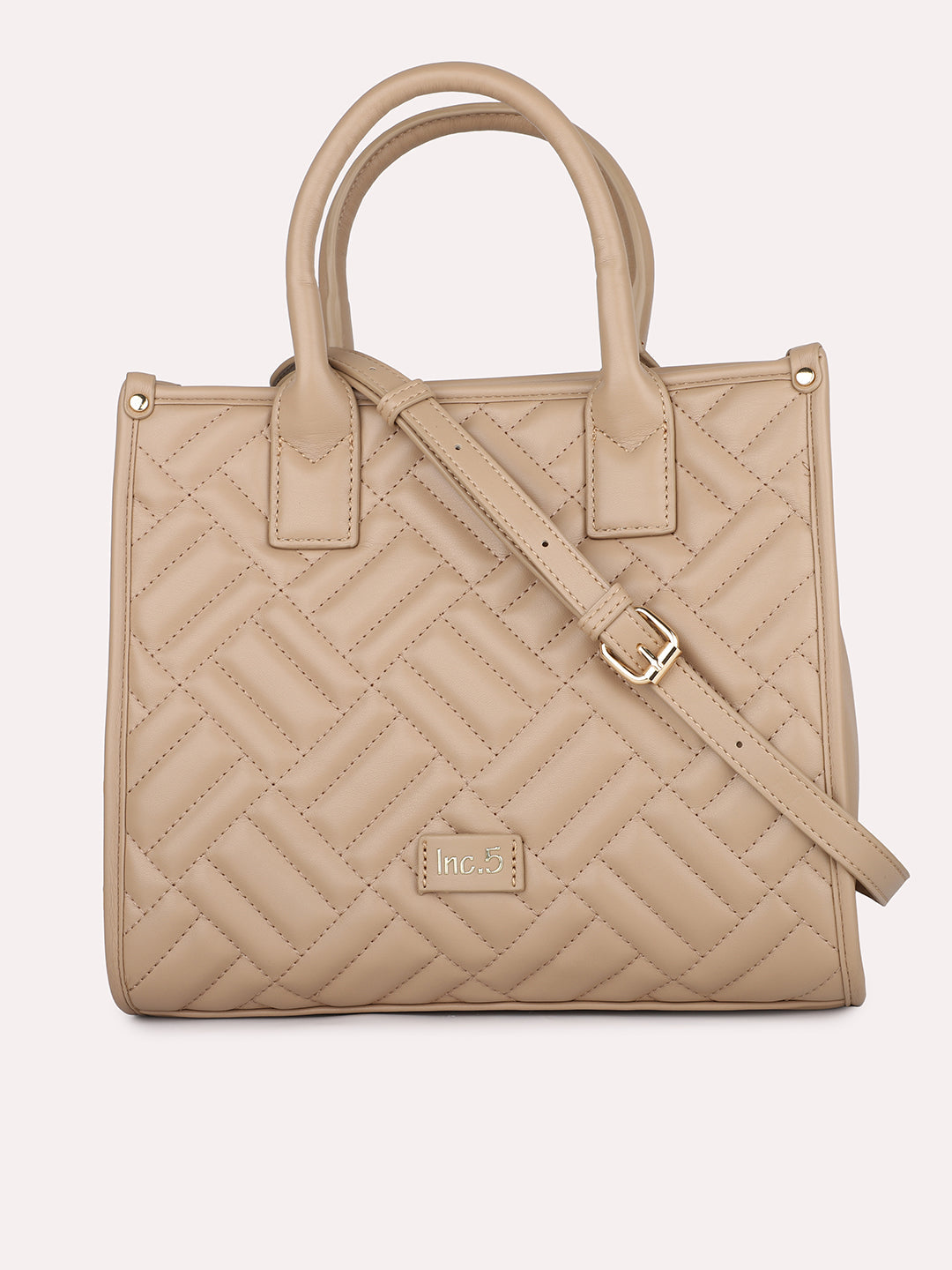 Women Beige Textured Structured Handheld Bag With Quilted