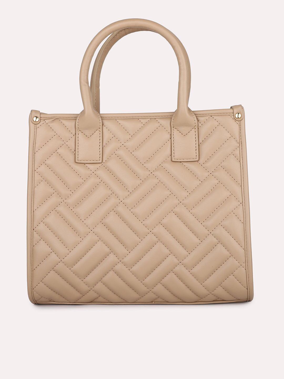Women Beige Textured Structured Handheld Bag With Quilted
