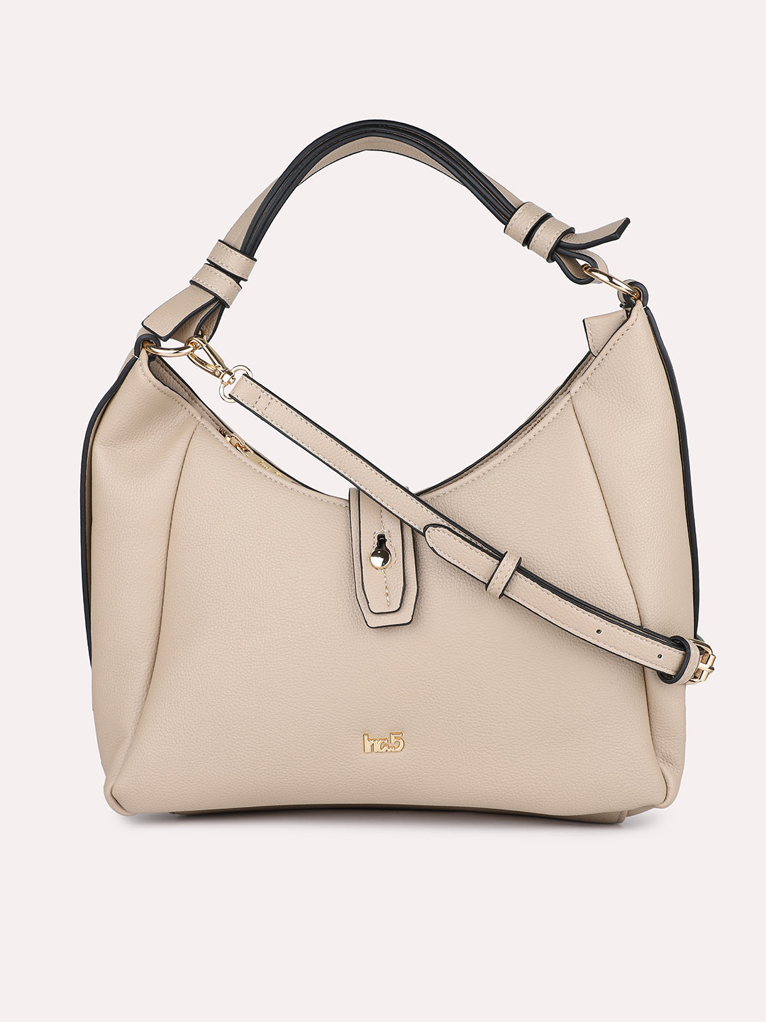 Women Beige Textured PU Hobo Bag With Button Detail