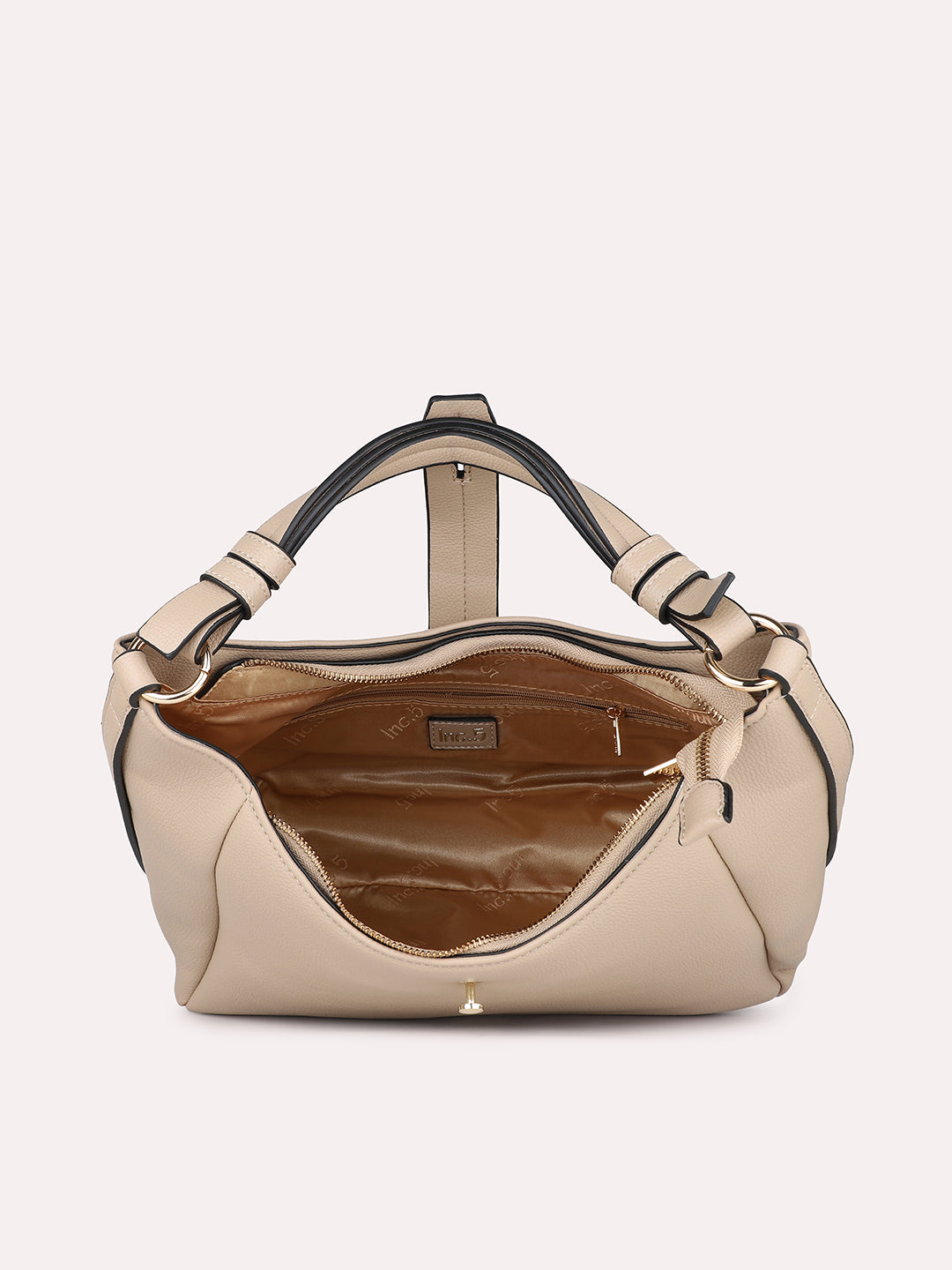 Women Beige Textured PU Hobo Bag With Button Detail