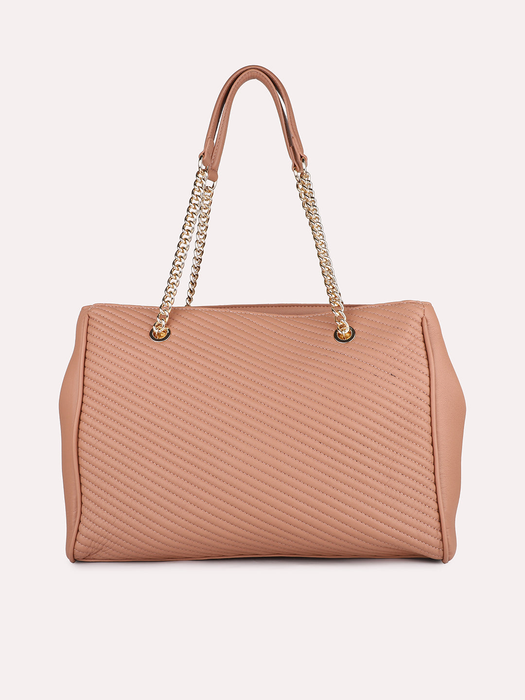 Women Peach Textured Structured Shoulder Bag with Quilted Detailing