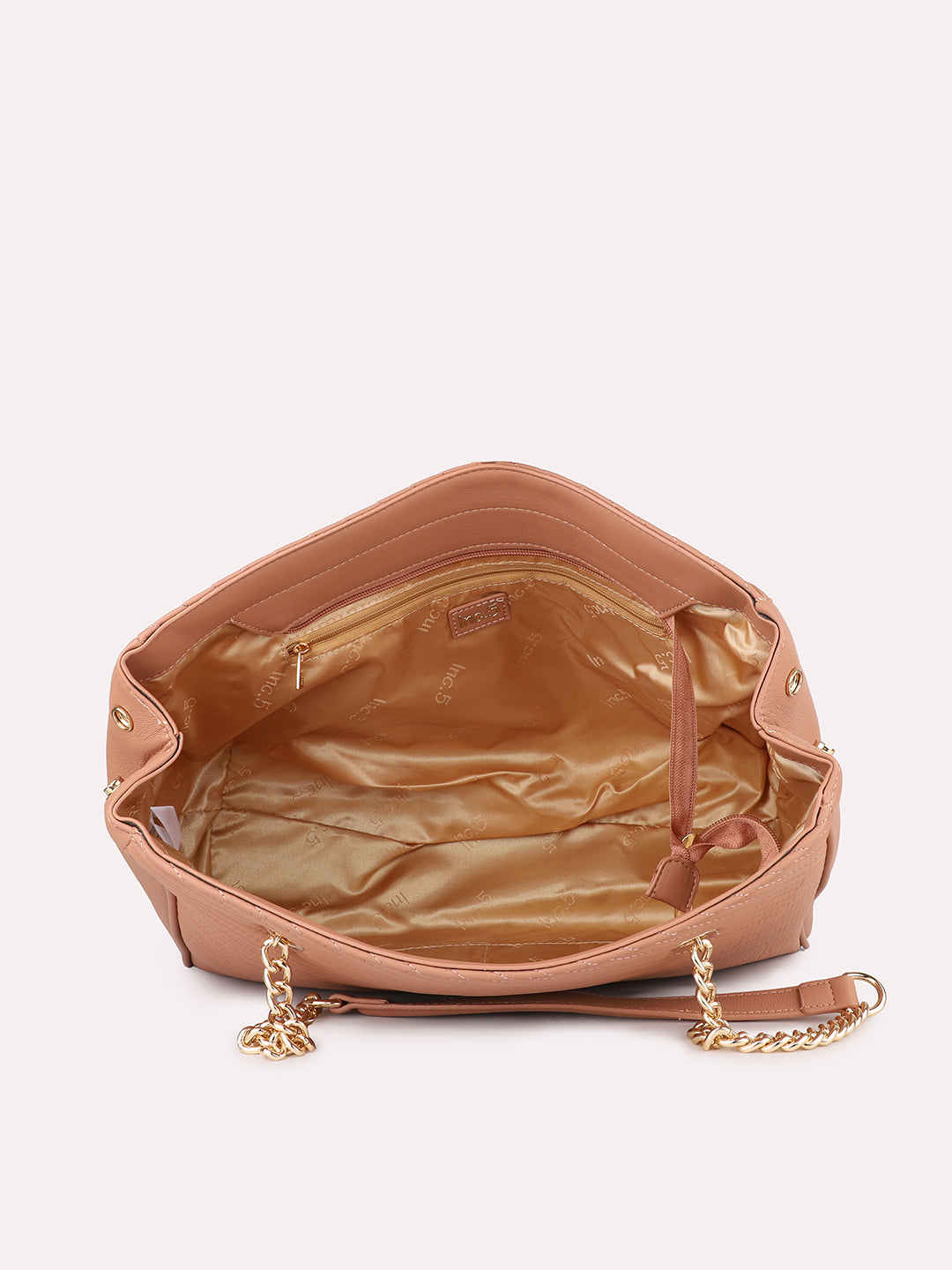 Women Peach Textured Structured Shoulder Bag with Quilted Detailing
