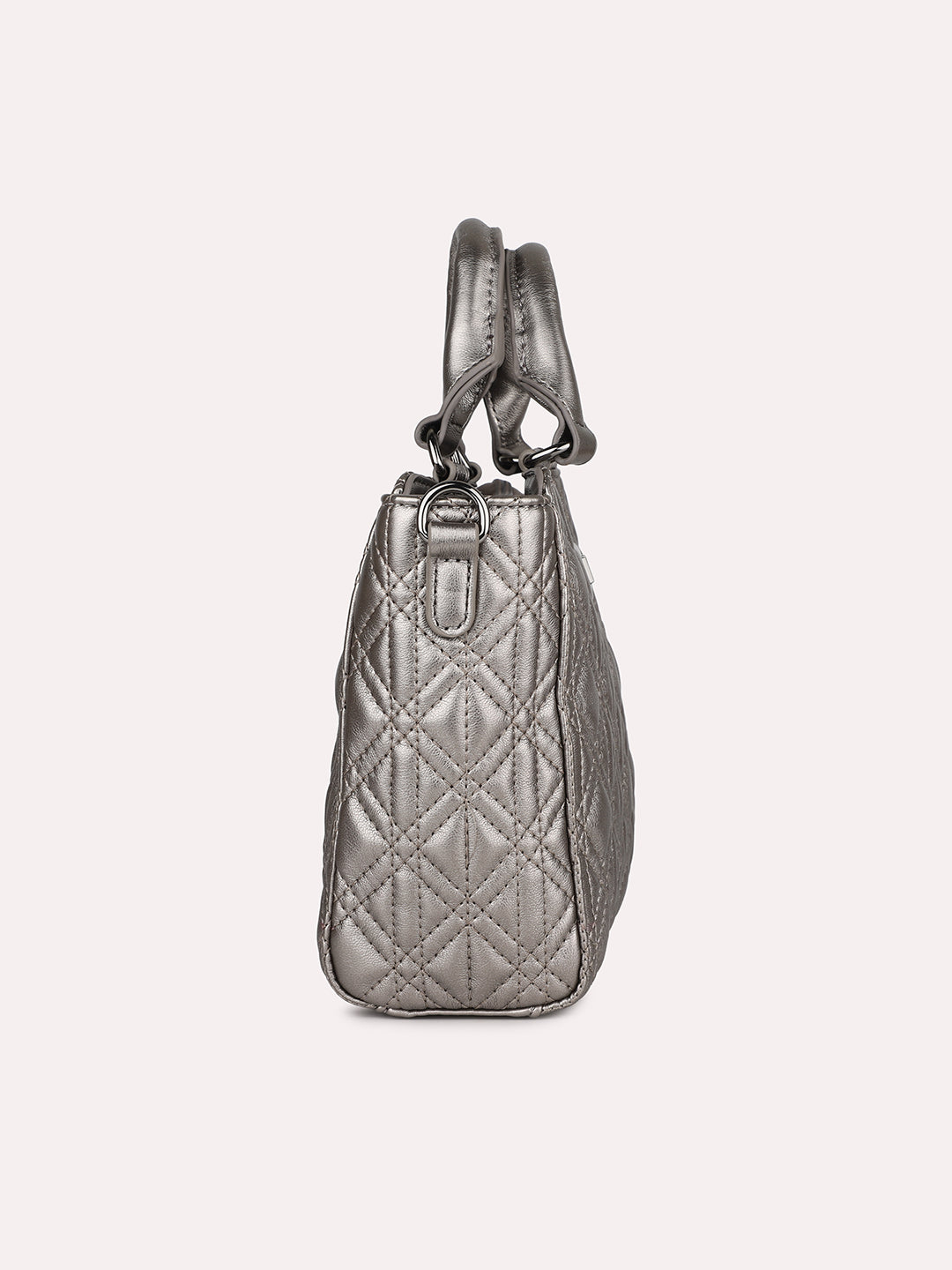 Women Pewter Textured Shoulder Bag With Quilted Detailing