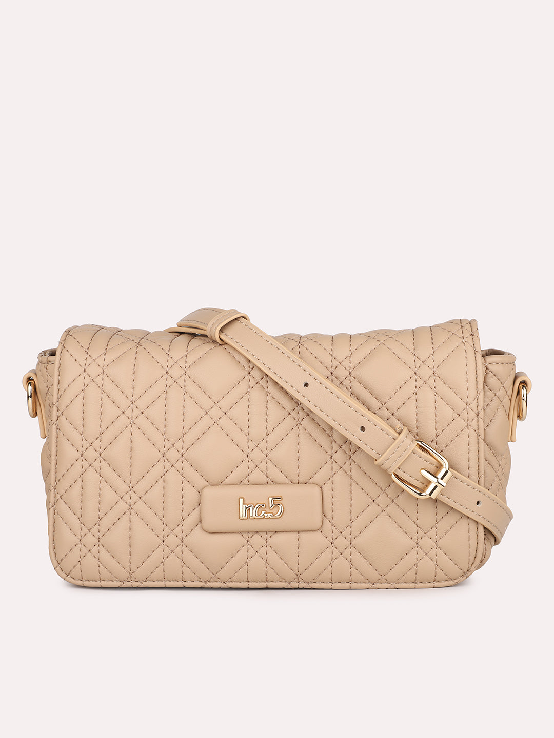 Women Beige Textured Structured Sling Bag With Quilted Detailing