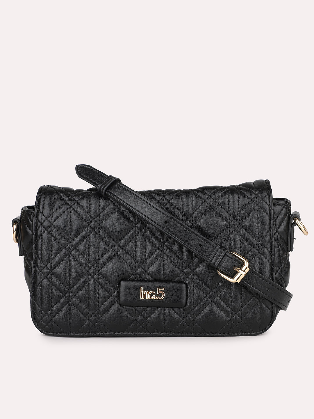 Women Black Textured Structured Sling Bag With Quilted Detailing