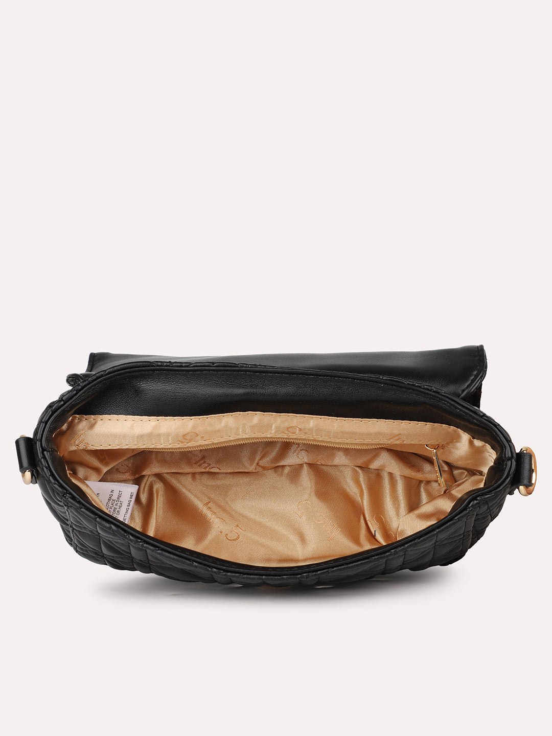Women Black Textured Structured Sling Bag With Quilted Detailing
