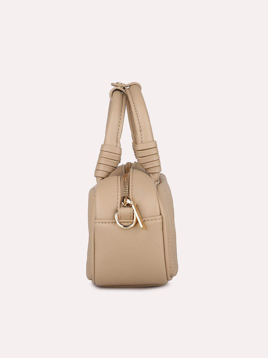 Women Beige Solid Quilted Structured Mini Sling Bag