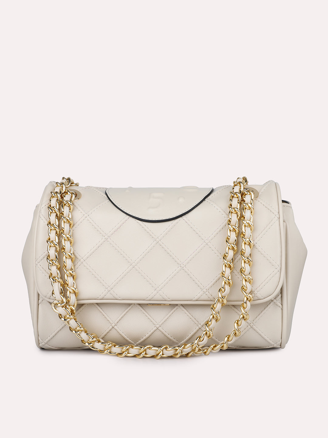 Women Beige Structured Chain Sling Bag with Quilted Texture