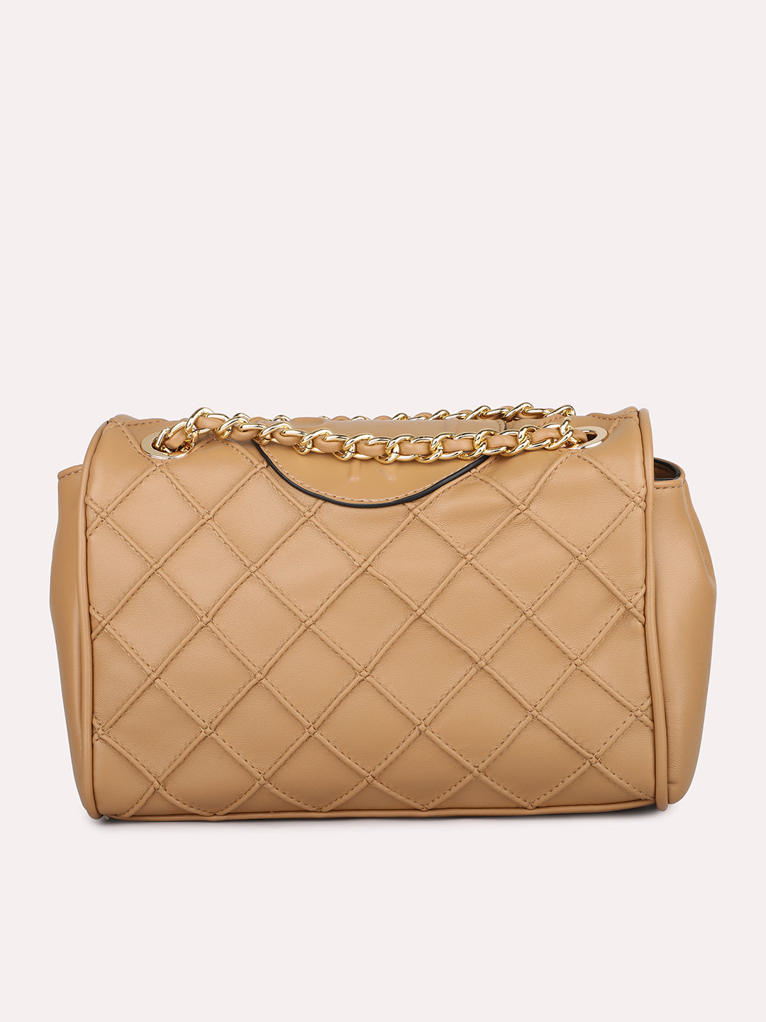 Women Dark Beige Structured Chain Sling Bag with Quilted Texture