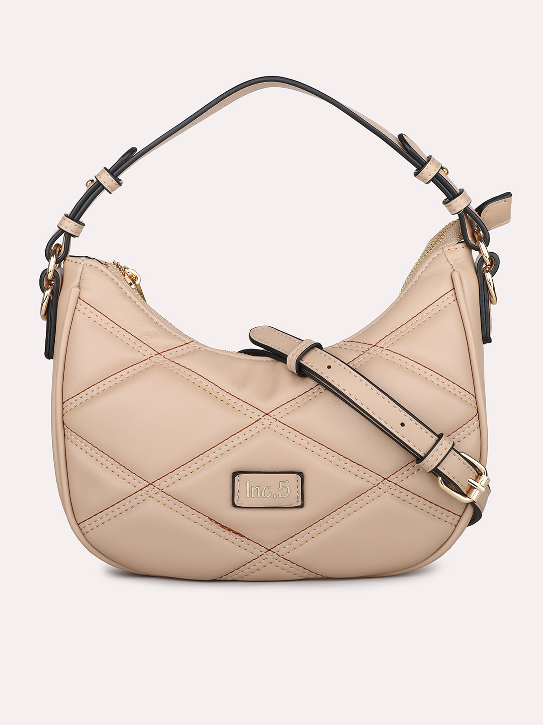 Women Beige Qulited Half-Moon Shoulder Bag