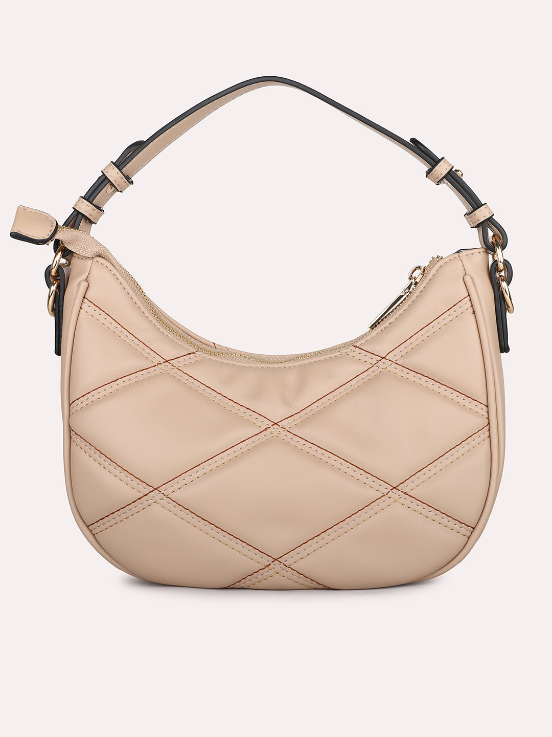 Women Beige Qulited Half-Moon Shoulder Bag