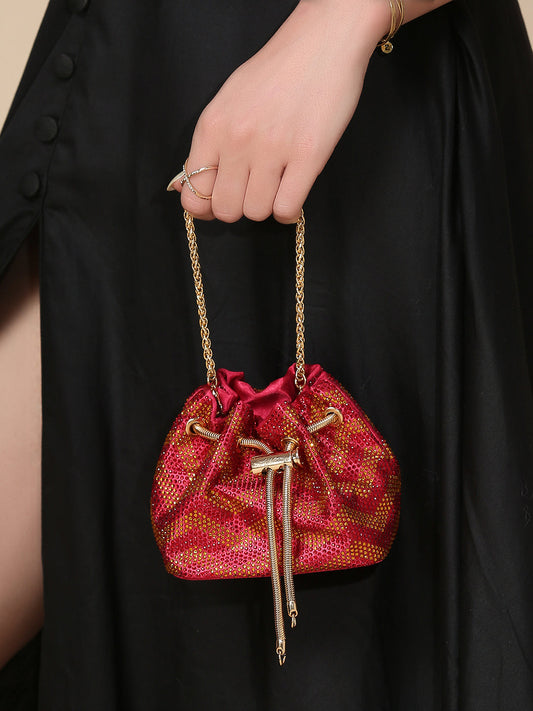 Women Red Embellished Potli Clutch with Sling