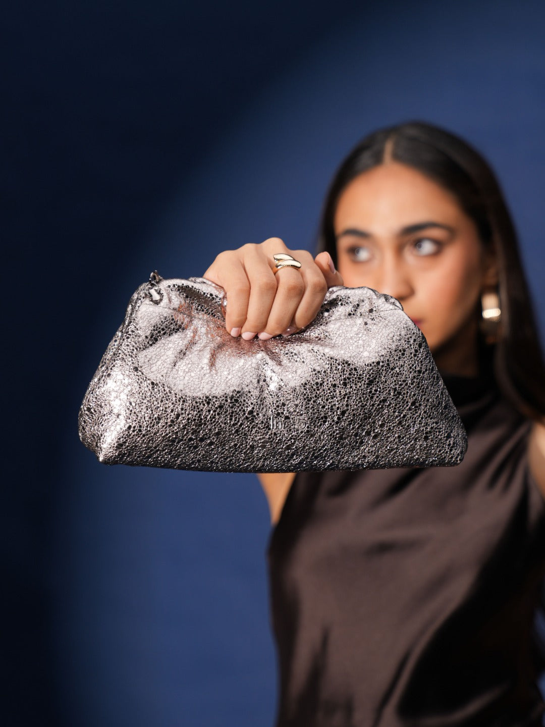 Womens Grey Party Embellished Clutch With Twist Lock