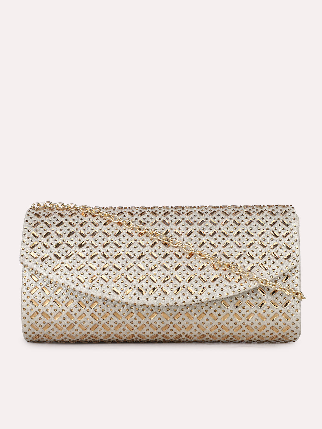 Womens Gold Party Embellished Clutch Bag With Magnet Lock