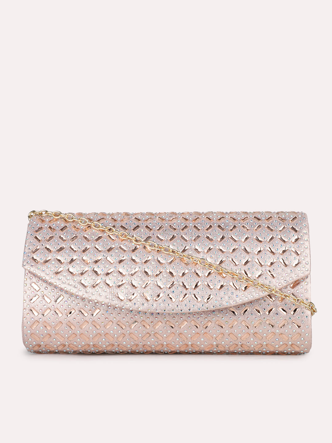 Womens Rose Gold Party Embellished Clutch With Magnet Lock