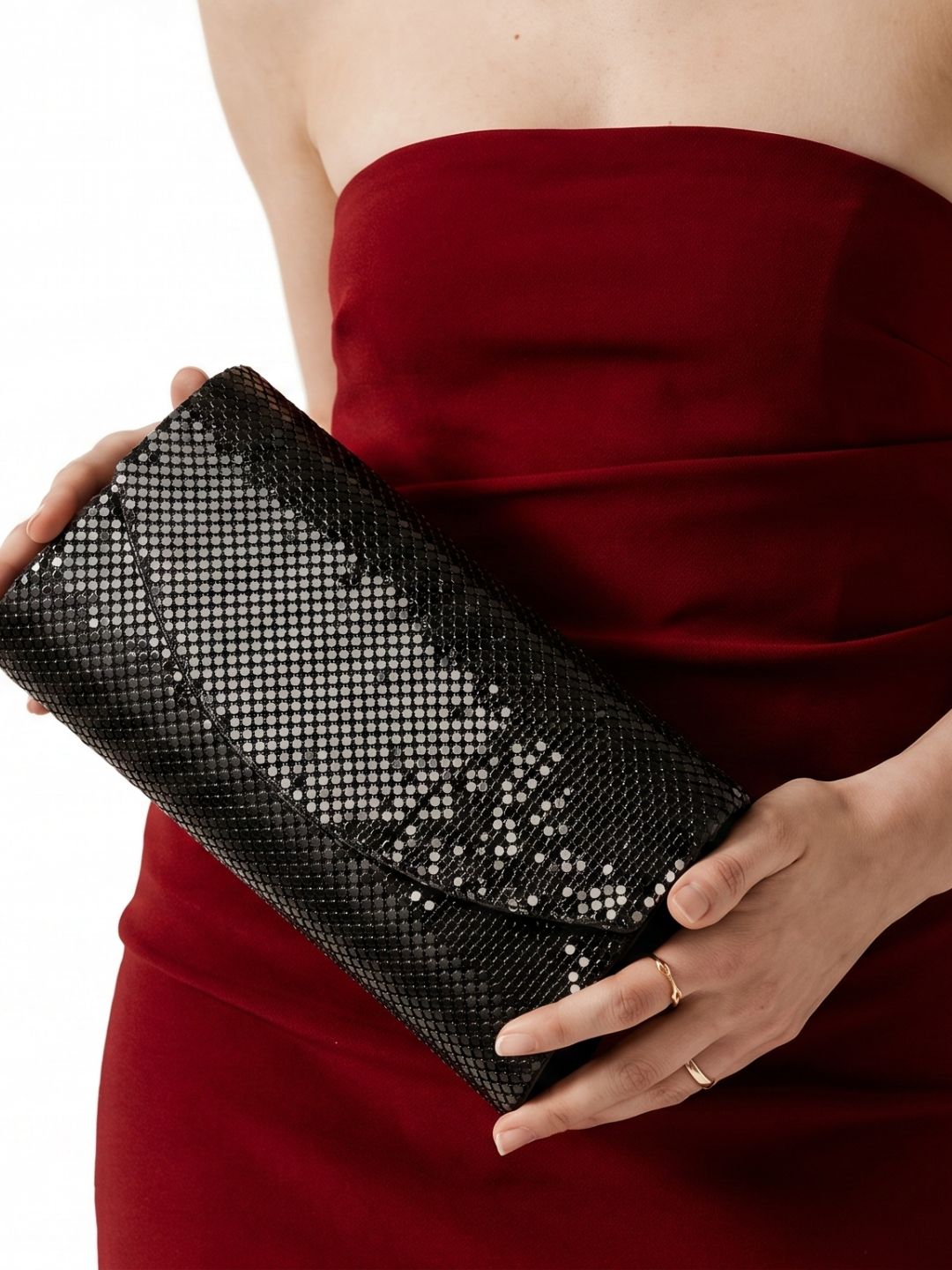 Women Black Embellished Clutch Bag With Magnet Lock