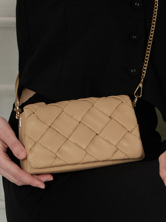 Womens Beige Sling Bag With Zip Lock For Party Use