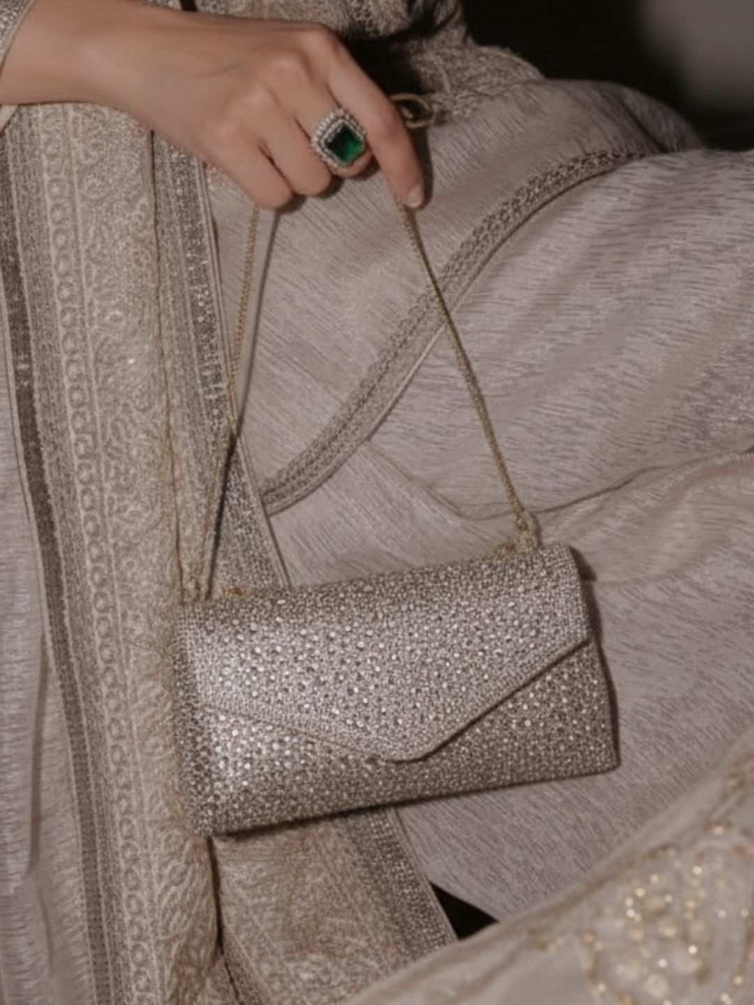 Women Golden Embellished Clutch Bag With Magnet Lock